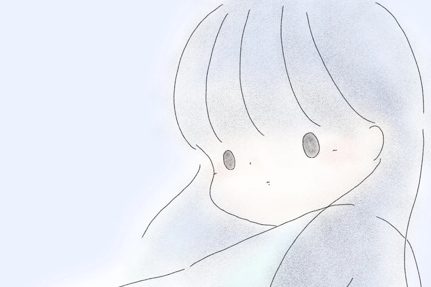 くもりみちのイラスト。淡い水色のなかで、長い髪の女の子がこちらを見ている。