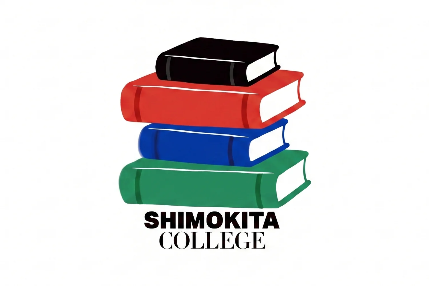 SHIMOKITA COLLEGE 図書委員会のロゴ。黒・赤・青・緑の本が4冊積み重なっている。