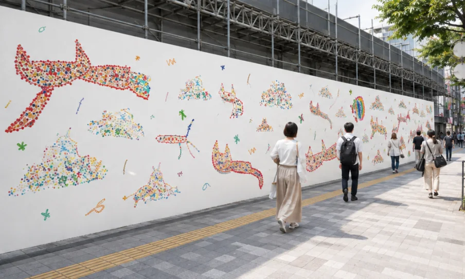 下北沢の街並み。線路沿いの白い壁に色とりどりの絵が描かれ、その前を人びとが歩いている。